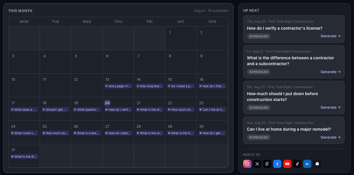 Elevate24 content calendar with scheduled client content